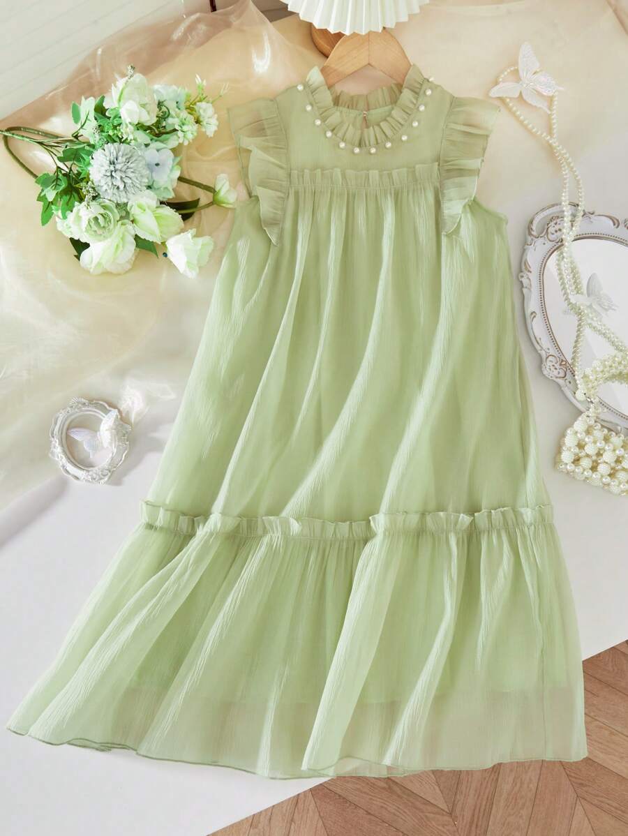 Vestido de tutú de princesa para niñas en verano con cuello redondo, sin mangas, decoración de perlas y tela de malla