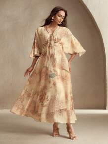 Anewsta Women's V-Neck Tie-Up Diamond Waist Ruffle Hem Floral Print Maxi Dress, Elegant Holiday Beach Festival Casual Vacation Dress - Yellow - View 7