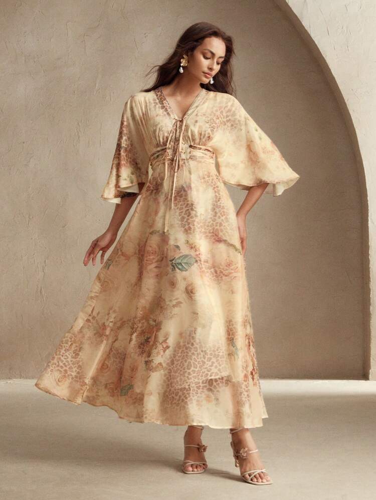 Women's V-Neck Tie-Up Diamond Waist Ruffle Hem Floral Print Maxi Dress, Elegant Holiday Beach Festival Casual Vacation Dress