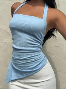 Sunnyshic Top camiseta informal de vacaciones para mujer, bajo asimétrico con abertura lateral, diseño de lazo de tirantes finos, verano