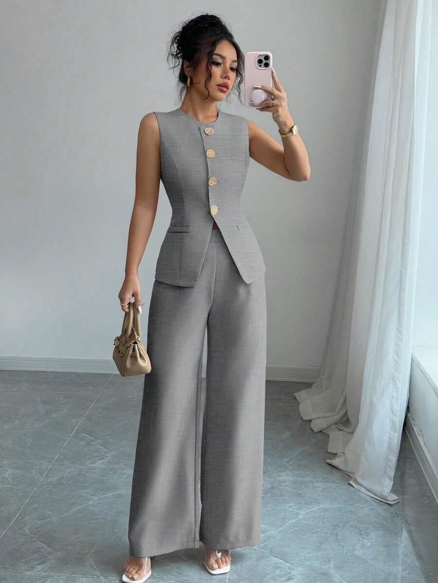 Selianne 女士优雅法式花卉纽扣式度假休闲工作套装 - 淺灰色 - 查看 1