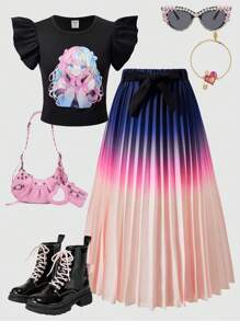 SHEIN Explorewe 2pcs/Set Spring/Summer Tween Girls " Me" Anime Print Cap Sleeve T-Shirt And Ombre Pleated Skirt, Suitable For Daily, Commute, Casual, Gathering With Friends - Black - View 4