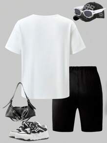 SHEIN Explorewe 2pcs/Set Tween Girls Comfortable Simple Chic Heart Print Short Sleeve T-Shirt And Skinny Shorts Set, Suitable For Outdoor And Sports Outfit Girl, School, Campus, College Summer Holiday - Black - View 2