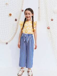 SHEIN Young Girl Striped Knit Pants, Summer, Casual Versatile Outgoing, Holiday - Multicolor - View 3