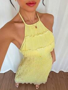 Chiquease Robe jaune sans dos à col ras-du-cou unie décontractée pour vacances pour femmes