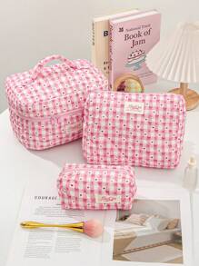 Plaid Bow Print Portable Cosmetic Bag - Pink - View 2