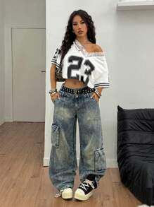 Coolane 女士夏季运动装基本款 Y2K 数字图案撞色蕾丝 V 领平纹针织大码 T 恤