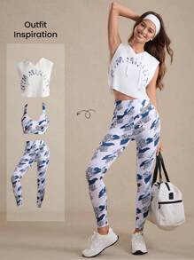 Easify SHEIN Sport Women Letter Print Drawstring Hooded Tank Top And Camouflage Legging Sports Set