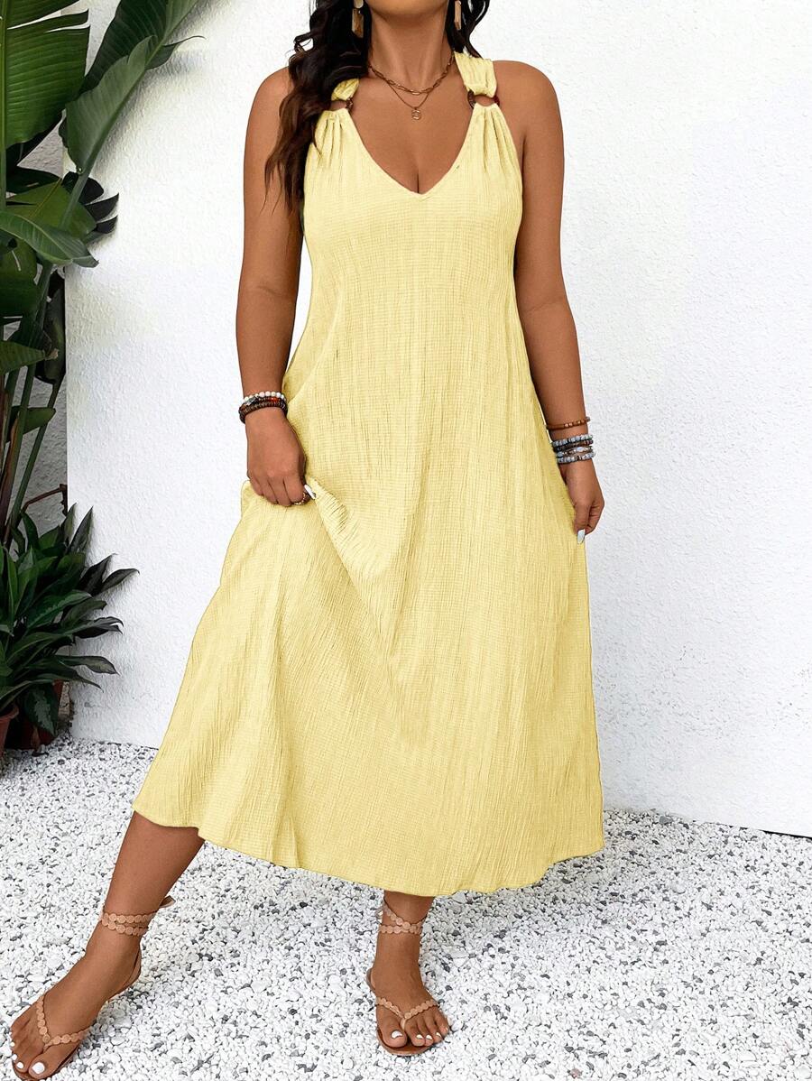 SHEIN Frenchy 大码无袖纯色连衣裙，休闲度假 - 黃色 - 查看 1