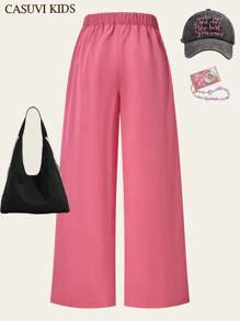 SHEIN Explorewe 1 pieza Pantalones largos casuales y cómodos de tela texturizada blanca de alta calidad para niñas preadolescentes, nueva llegada de verano - Rosa coral - Ver 2