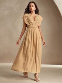 Anewsta Vestido de verano elegante con escote en V, cintura ceñida y decoración floral, adecuado para graduación, festival, vacaciones, elegancia, vacaciones, alta sociedad, cita nocturna