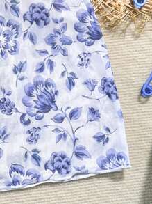Tween Girl Holiday Floral Print Patchwork Ruffle Hem Kaftan Skirt Set - Blue - View 4