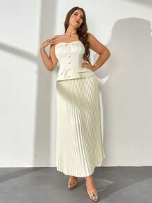 Firerie Plus Size Women Elegant Office Commute Concert Wedding Strapless Suit Vest Top And Pleated Skirt 2 Pieces Set, Strapless Simple Commute 2 Pieces Set - Apricot - View 6