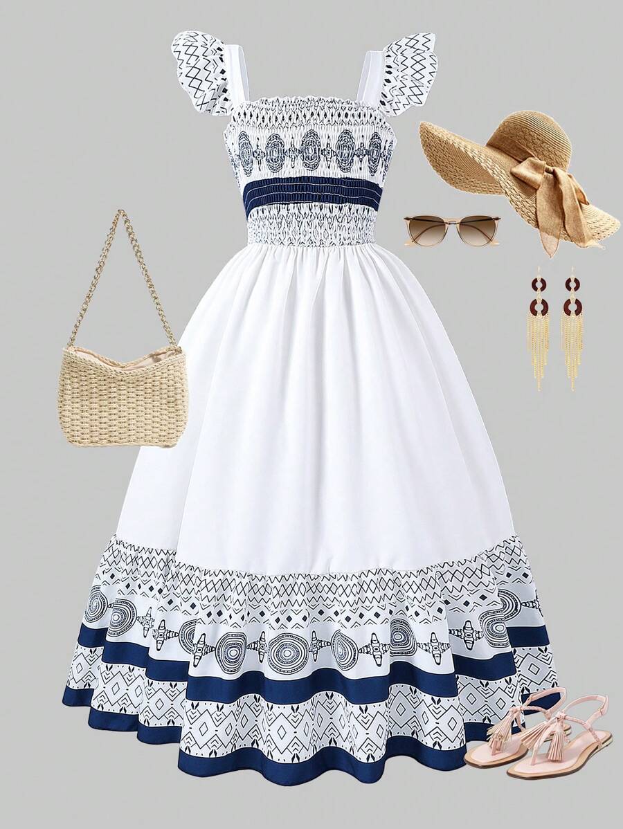 SHEIN ChillGRL Tween Girls Geometric Print Sleeveless Elasticated Waist Summer Dress - White - View 1