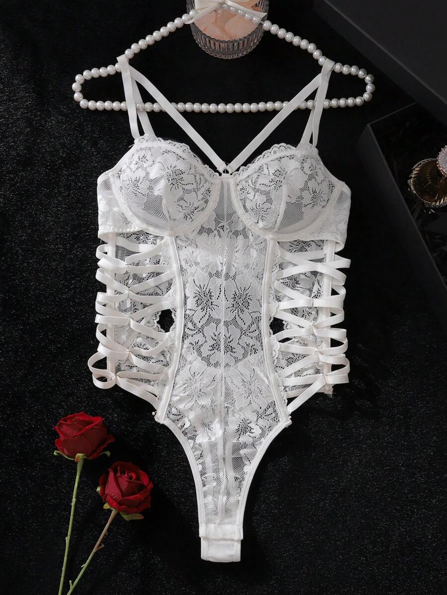 Conjunto primaveral caprichoso Vestido de encaje delicado para despedida de soltera para mujeres adultas, con diseño floral de encaje, espalda cruzada, estilizador, con costuras de princesa y forro, adecuado para la temporada de bodas y salir - Blanco - Ver 1