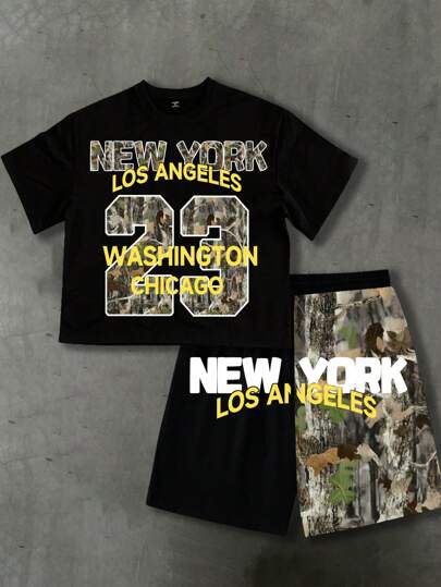 PAVTROS Conjunto informal de camiseta de manga corta con cuello redondo y estampado de letras con pantalones cortos para hombre, look de uso diario, camisas de uso urbano, camisas de hombre de uso urbano, camisas de hombre de uso urbano, camisetas de hombre de uso urbano. Conjunto de 2 piezas con camiseta estampada con letras y números 23 con motivo de hoja, es un conjunto de moda ideal para la calle, para volver al colegio, para fiestas, como regalo para el novio.