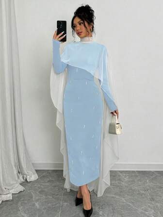 Rafferiza 1 件女式黑色串珠斗篷风格长裙超长女装