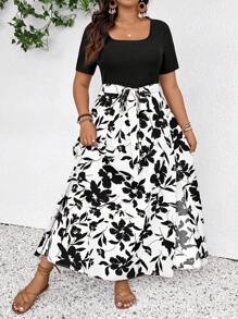 SHEIN Frenchy Đầm đi nghỉ tay ngắn họa tiết hoa cỡ lớn cho nữ xẻ tà bên hông - trắng - Xem 3