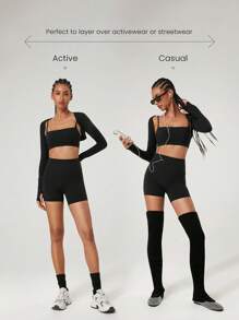 GLOWMODE FeatherFit™ Cropped Limitless Long Sleeve Tank Shrug Top With Thumbhole Low Impact Yoga Daily - Black - View 6