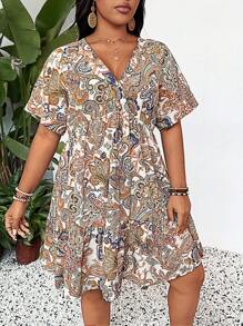 SHEIN LUNE Vestido de talla grande con cintura ceñida y dobladillo acampanado, atuendo para concierto country, graduación, atuendos de verano para mujeres, atuendos para brunch, atuendos para el Día de la Madre, atuendos para la iglesia para mujeres - Multicolor - Ver 3