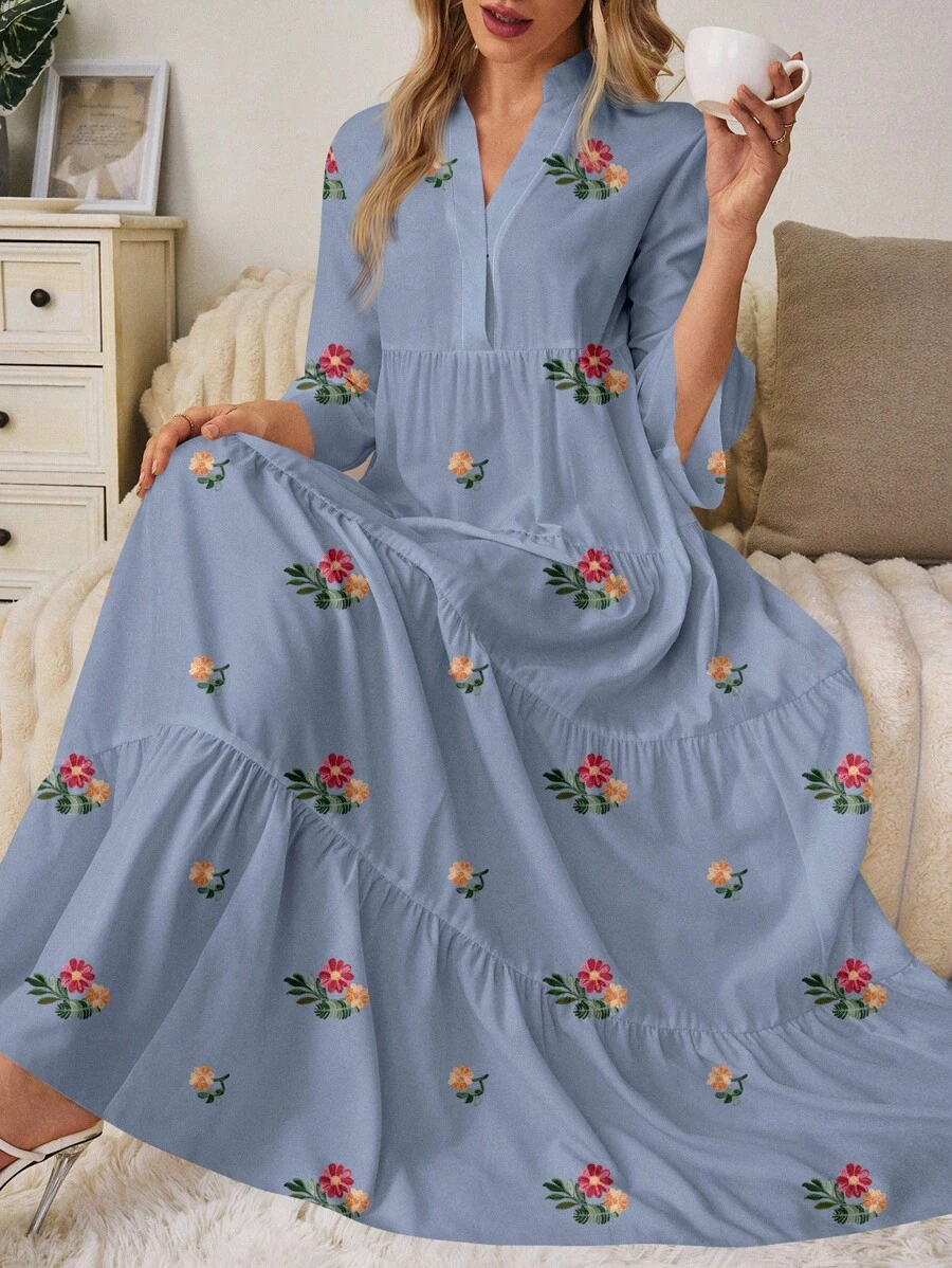 Al Najma 女士 V 领花卉印花长袖抽绳连衣裙,休闲款,适合春夏季 - 彩色 - 查看 1