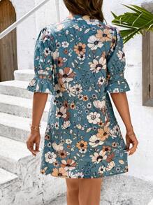 SHEIN Clasi 女士优雅花卉印花 V 领荷叶边袖宽松 A 字短裙 - 藍色 - 查看 2