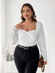 Firerie Plus Gigot Sleeve Wrap Front Ruched Bodysuit - White - View 5