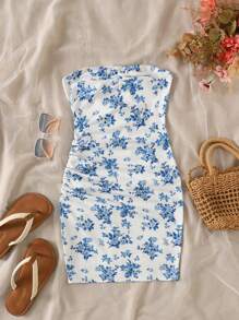 SHEIN Tween Girl Vacation Blue & White Print Side Ruched Fitted Waist Tube Mini Dress, Suitable For Party, Valentine's Day, Easter, Carnival, Afternoon Tea, Spring/Summer Fashion Dress, Mommy And Me Matching Outfits (2 Pieces Sold Separately) - Blue - View 3