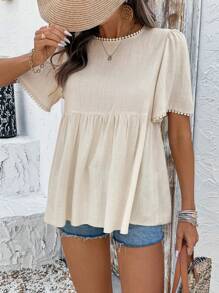 SHEIN PETITE Áo sơ mi tay ngắn cổ tròn vải lanh thoải mái cho kỳ nghỉ dành cho nữ, mùa xuân/hè - Màu be - Xem 2