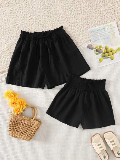 SHEIN 青少年女孩夏季休闲纹理面料短裤，时尚日常穿着，适合任何场合