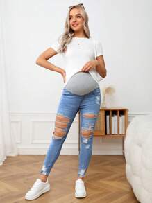SHEIN Adjustable Waist Ripped Skinny Maternity Jeans, Casual & Versatile - Medium Wash - View 4
