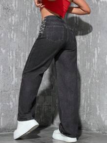 SHEIN EZwear Jeans de unicolor, con bolsillo, ajustado y recto con cordones