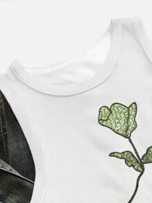 SHEIN Shiny Bead Embroidered Rose Graphic Cropped Tank Top - White - View 4