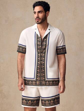 GENTILAND 2pcs Men's Casual Woven Floral Pattern Print Slim Fit Short Sleeve Cuban Collar Shirt Set