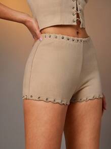 Denimoi Solid Casual Lace Up Suede Micro Mini Shorts, Festival - Mocha Brown - View 1