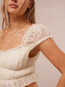 WESTFADE Blusa ajustada estilo western con cuello cuadrado con volantes, mangas avolantadas y textura trenzada para verano y vacaciones en la playa
