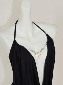 SHEIN ICON Women's Black Knitted Mini Dress With Spaghetti Straps And Plunging Neckline - Black - View 8