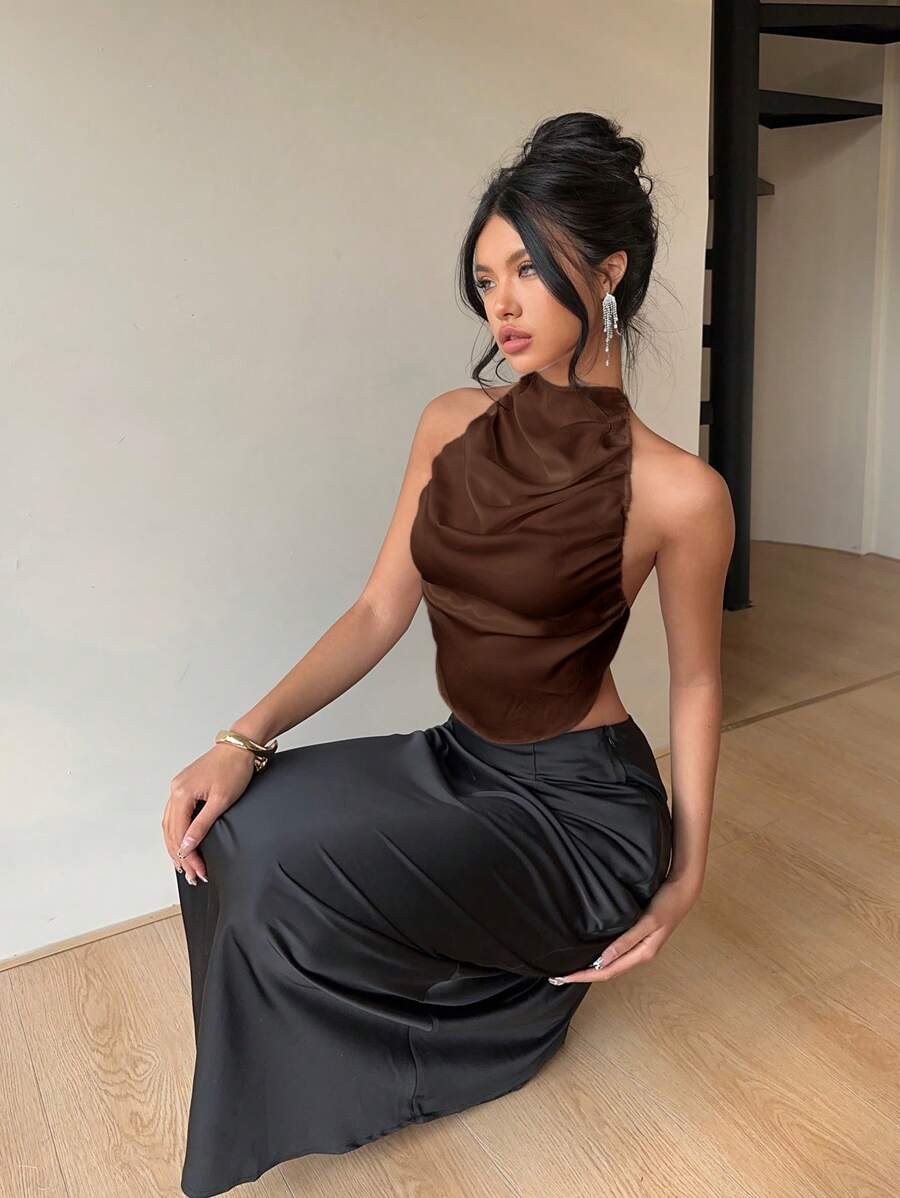 Aloruh Sexy Backless Halter Neck Silky Ladies Camisole - Coffee Brown - View 1