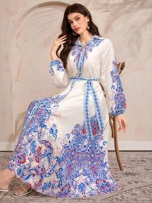 Seusyu Women's Resort Floral Print Lantern Sleeve Casual Loose Shirt Dress - Blue - View 5