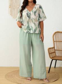 SHEIN Frenchy Plus Size Women 2pcs/Set Vacation Plant Print Ruffle Sleeve Shirt And Wide Leg Pants Set - Multicolor - View 5