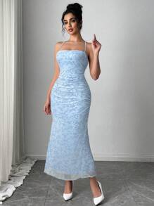 Firerie Festival New Valentine's Day Elegant Romantic Pink Flocked Floral Spaghetti Strap Cinched Waist Asymmetrical Ruched Mermaid Maxi Dress - Blue - View 4