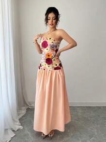 Elenzga Women's Floral Print Tube Dress Maxi Women Outfit - Pink - View 5