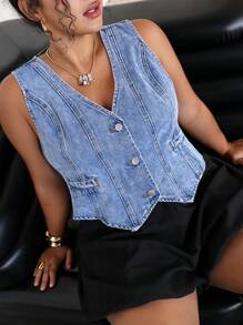 SHEIN ICON Plus Size Denim Casual Fitted Sleeveless Vest, Blue, Summer Beach Vacation, Suitable For Daily Dating, Night Out, Nightclubs, Parties, Get-Together, Pool Parties, Holiday Women, Music Festival, Country Music Festival, Concert, Summer /Cute Summer Tops, Festival/Festival, Rave/Concert/Country Concert /Rave/Rave Festival/Nashville /Ibiza, Elegant, Boho/Bohemia/Boho ;Mother's Day Gift