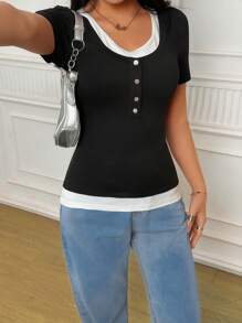 INAWLY T-shirt ajusté décontracté 2 en 1 à manches courtes avec design boutonné pour femmes