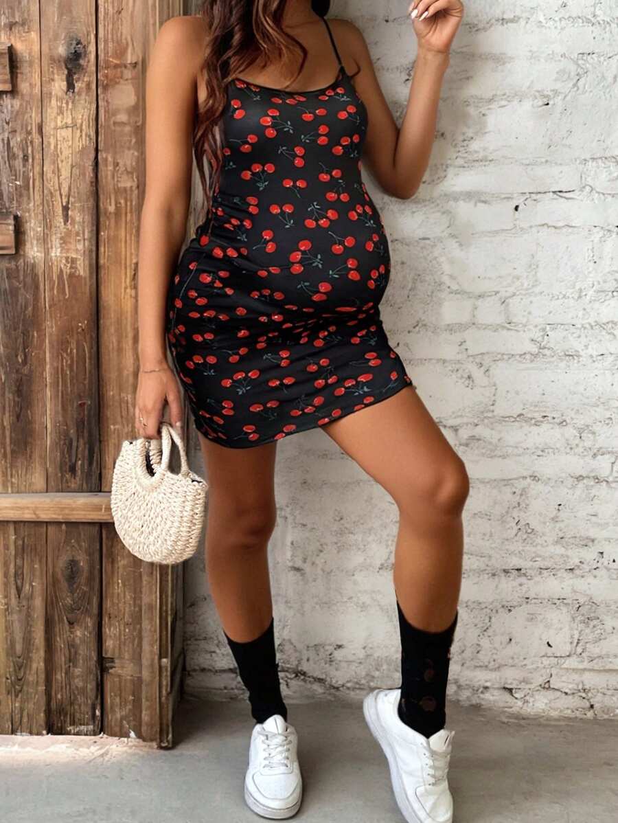 SHEIN Pregnant Women All-Over Cherry Print Lettuce Trim Red And Black Vacation Dress - Multicolor - View 1