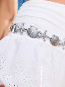 ROMWE Fairycore 1pc Fashionable Women's Metal Shell & Pearl Decor Waist Chain For Vacation - Silver - View 2