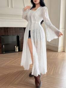 DAZY Vestito da spiaggia lungo da donna con maniche a sbuffo in pizzo, apertura frontale annodabile, con volant