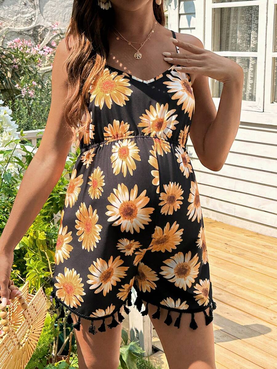 SHEIN 孕妇休闲向日葵印花无袖连体裤 - 黑色 - 查看 1