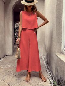 EMERY ROSE Women's Solid Color Round Neck Sleeveless Shirt And Wide-Leg Pants 2 Pieces Casual Suit - Red - View 3