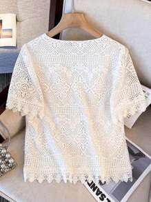 Franclia 女士夏季休闲纯色镂空衬衫 - 白色 - 查看 2